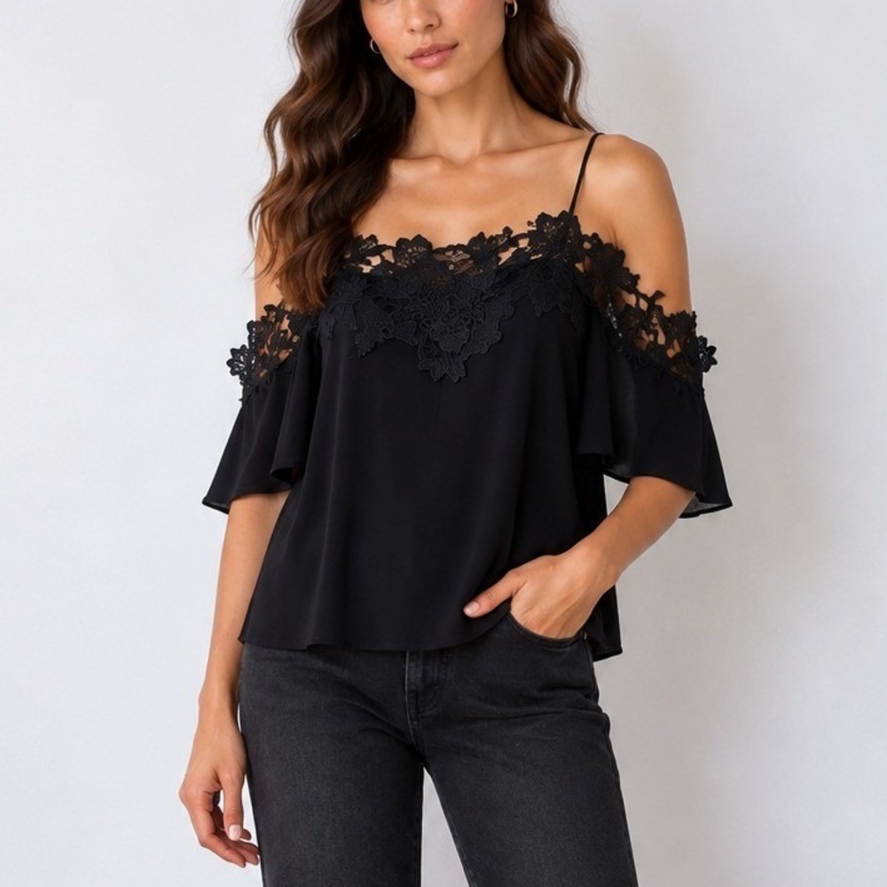 Anthropologie Ro & De Black Off Shoulder Lace Sleeve Party Blouse | Size M